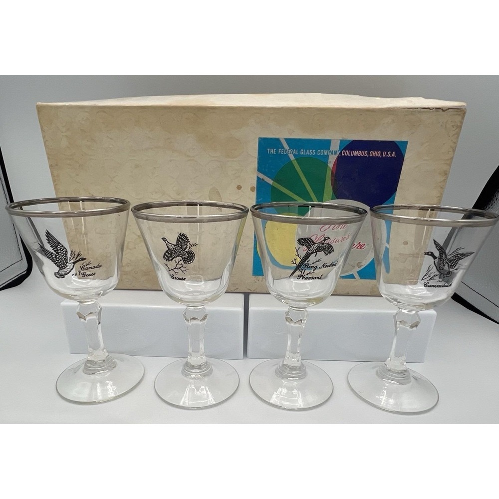 4 Federal Glass Cordial Wine Glasses Sportsman Game Birds Platinum Silver Boxed